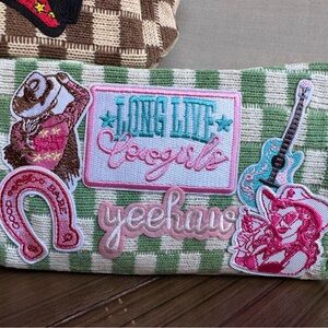 Green Checkered Cosmetic Bag with Western Cowgirl Patches